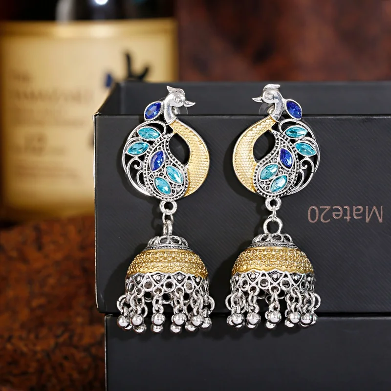 

Vintage Boho Gypsy Blue Peacock Bollywood Indian Earrings Brincos Womens Jewelry Retro Silver Color Ladies Earrings Orecchini