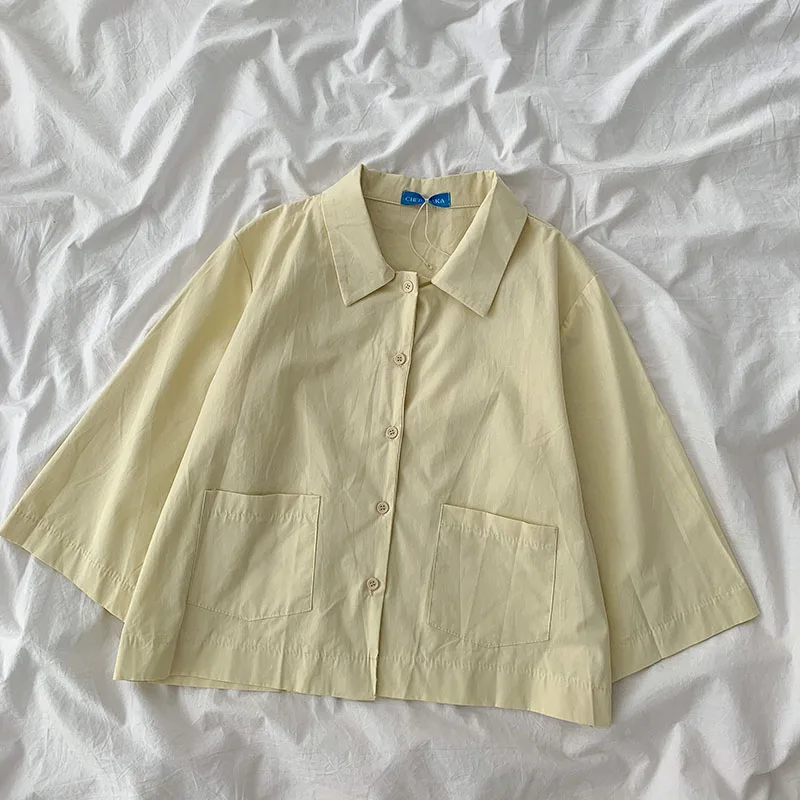 

Kimutomo Women Shirt 2021 Summer New Korean Preppy Style Turn-down Collar Short Sleeve Single Breasted Solid Blouse Casual