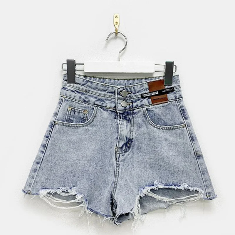 

ZAWAHIKI Korean Fashion Casual Jean Denim Shorts Women Summer 2021 High Waist Do Old Distressed Hole Design Shorts Basic Shorts