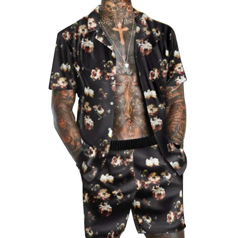 

2021 summer European and American new style printed shirt casual loose shorts beach suit men