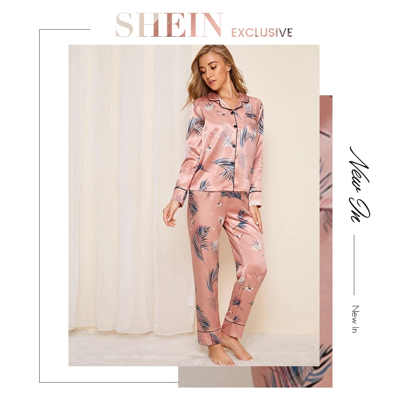 SHEIN розовый кран и лист печати Атласный пижамный комплект Женский Осенний Повседневный короткий рукав белье с карманом длинные штаны пижамные наборы