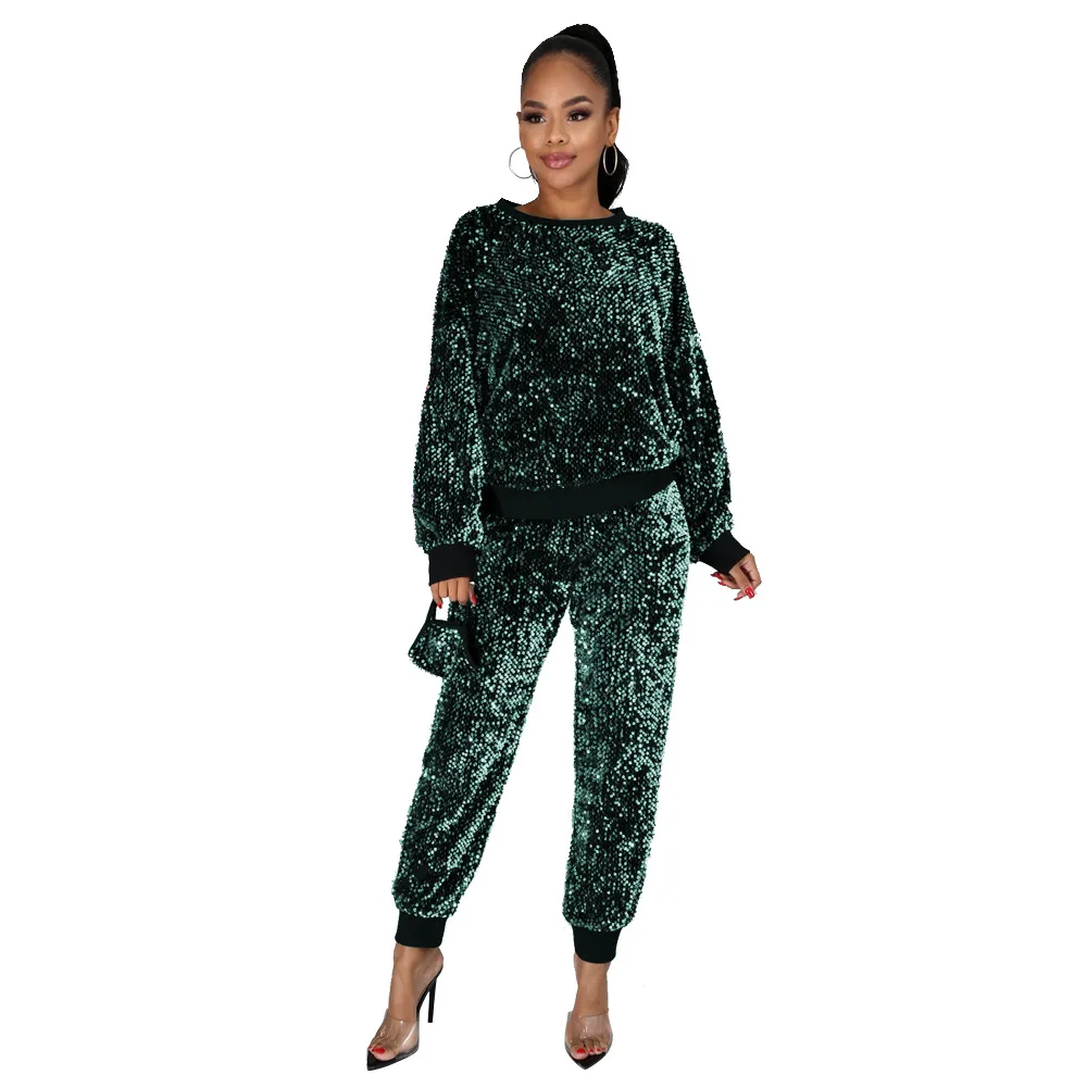 

Sparkling Sequins Women Nightclub Wear Two Piece Sets Plus Size Autumn Lady's O-neck Loose Pullover High Waist Pants Outfits