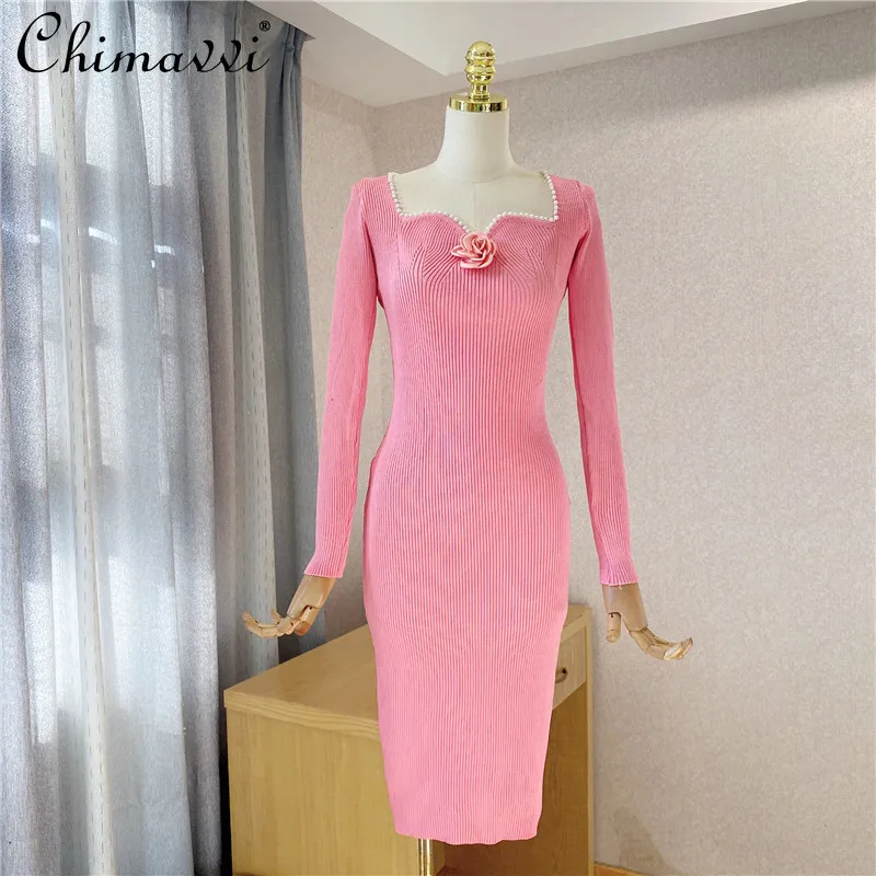 

Elegant Midi Dresses for Women 2021 Autumn Winter Long Sleeve Knitted Slim Dress Female High Waist Bodycon Bottoming Long Dress