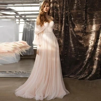 bohemian soft pink tulle wedding dress for woman elegant bridesmaid strapless lantern sleeves custom brush train robe de soriee