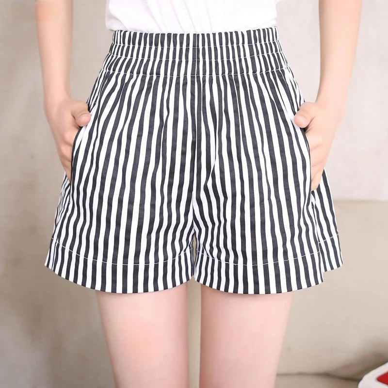 

Zoulv 2021 Female Casual Elastic Waist Pocket Hot Short Plus Size 3XL New Fashion Summer Cotton White Black Striped Shorts
