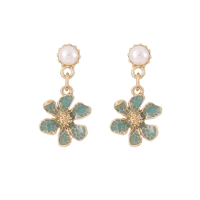 

TIMEONLY Korean Sweet Green Enamel Flower Earrings for Women Gold Color Alloy Flowers Petal Pearl Drop Earrings Party Jewelry