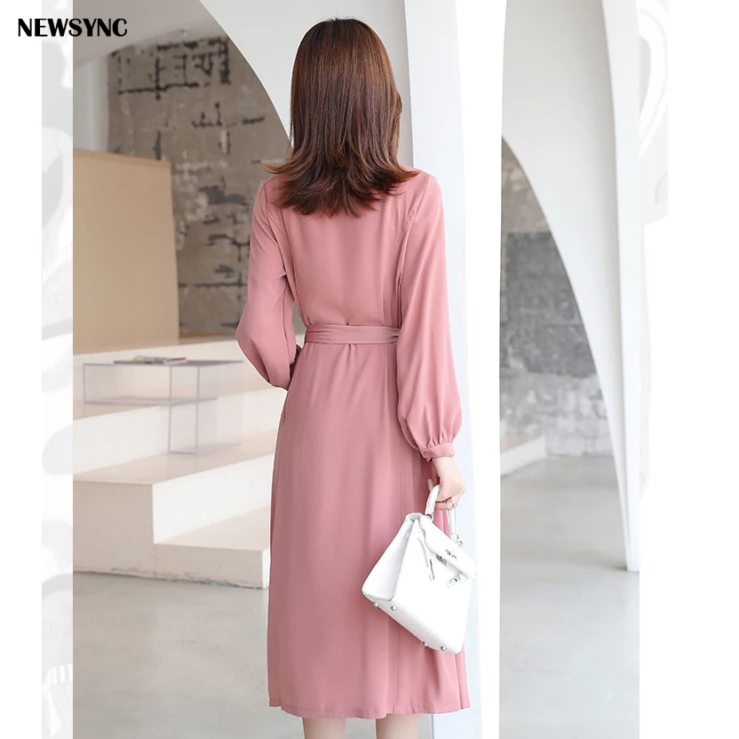 Женское платье большого размера NEWSYNC офисное драпированное с длинным рукавом и
