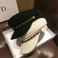 fashion brand navy hat for womens retro korean warm flat berets girl metal jewelry chain high quality luxury casual female cap