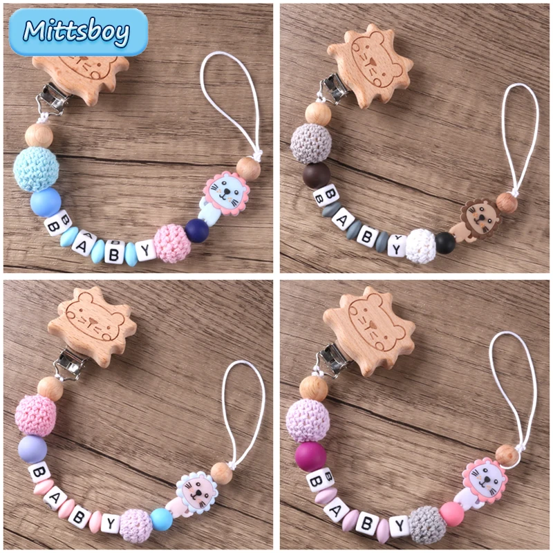 NEW Personalized Name Handmade Wood Pacifier Clip Silicone Lion Teething Chain Baby Teether Eco-friendly Dummy Clips Holder Gift