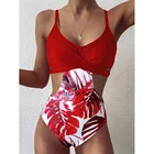 Женский слитный купальник, красный купальник с принтом листьев, сексуальный купальник с перекрестными лямками, пляжная одежда, комбинезоны 2021