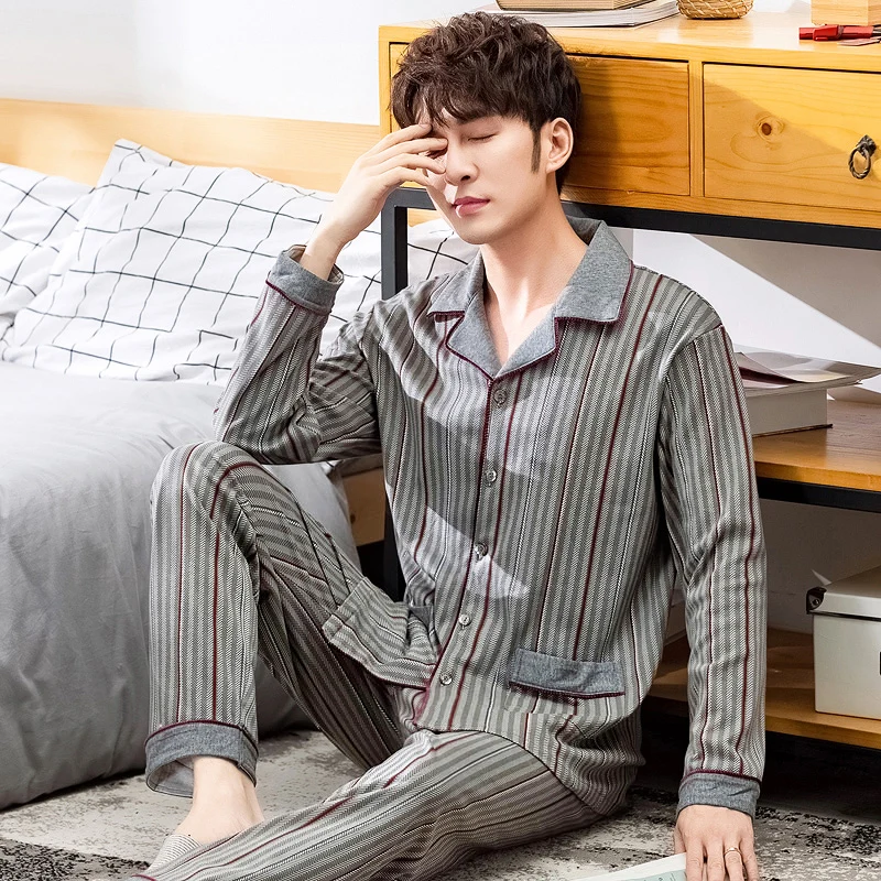 Casual Loose Sleepwear Korean Long Sleeve Cotton Bedroom Autumn Fashion Plus Size Sleepwear Szata Zestawy Men's Sleep DB60SY