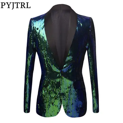 PYJTRL мужской блейзер с блестками, зеленый и синий цвета, приталенный пиджак для ночного клуба, сценические костюмы певцов, платье для выпускн...