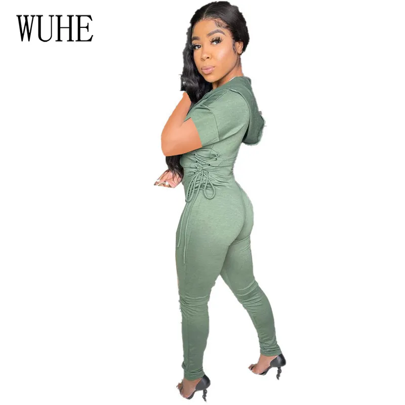 

WUHE Casual Sports Jumpsuits Short Sleeve Zipper Lace Up Hooded Package Hip Skinny Summer Women Party Club Streetwear Overalls
