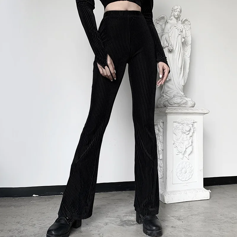 

COZOK Black Velvet Stripe Flare Pants High Waist Elastic 5%Spandex Legging Casual Trouser Autumn Elegant Pants Women Capris