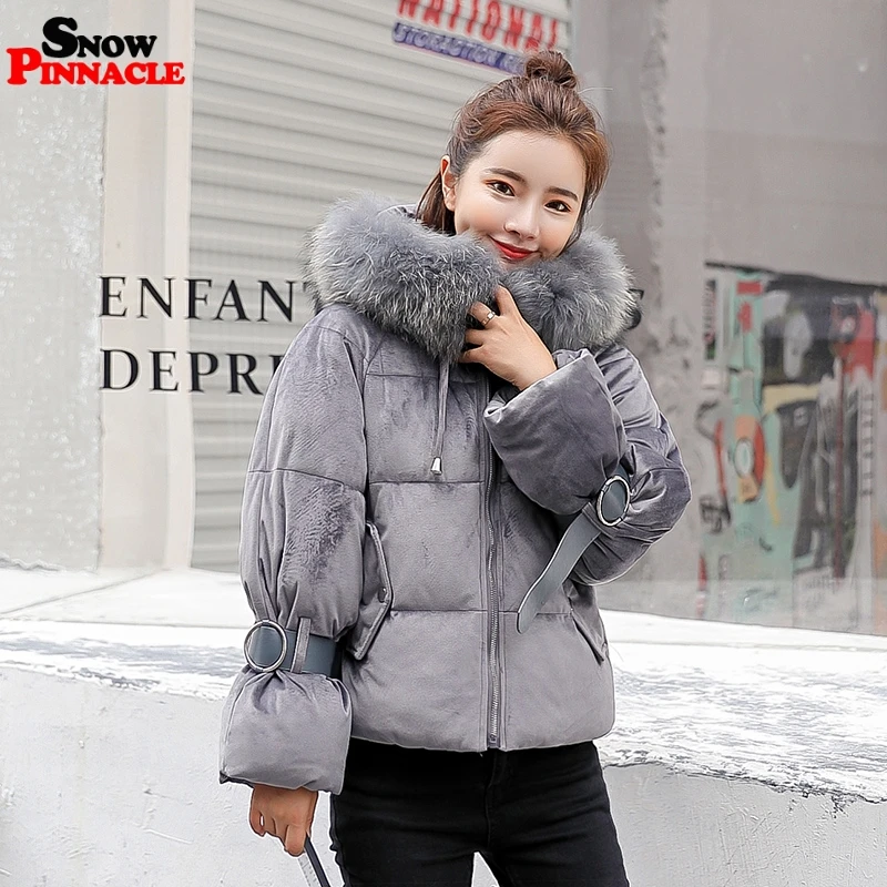 SNOW PINNACLE Autumn Winter short parkas jacket Pink flannel fabric big fur thick warm hooded jacket coat Styled fashion parka