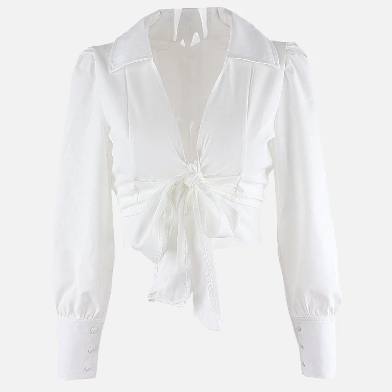 

White New Women's Blouses V-Neck Lace Up Bow White Puff Sleeve Short Blouse For Women 2021 Summer Elegant Office Ladies Tops