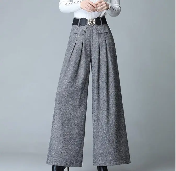 Light gray Палаццо брюки Осень Зима Новая Южная Корея ткань широкие ноги высота прямые брюки серые женские шерстяные брюки - Цвет: Light gray