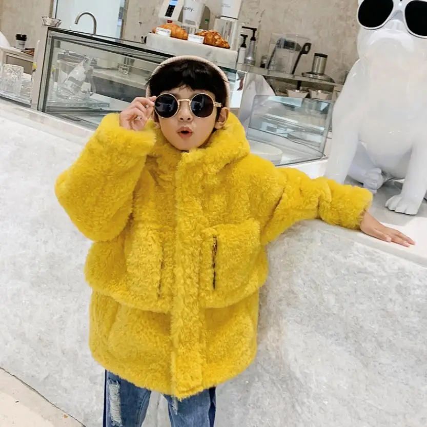 

2-14Year Winter Faux Fur Coat Thicker Warm Boys Girls Imitation Lamb Fur Jackets Parka Kids Clothing Outerwear Overcoat A923
