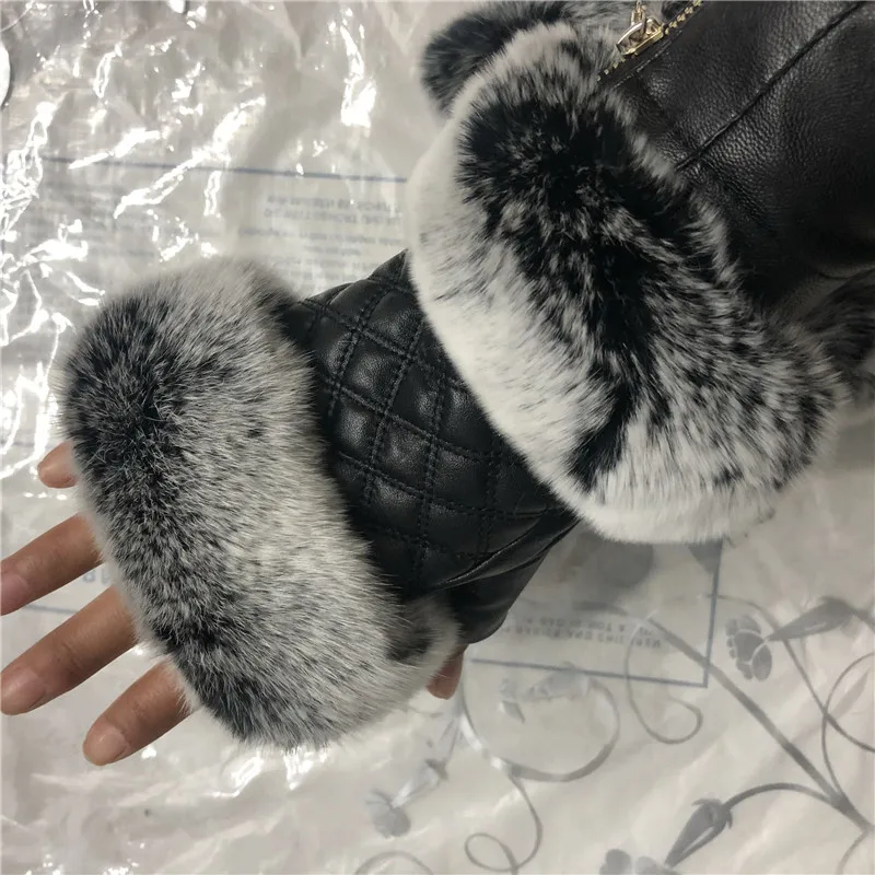 Зимние Модные черные перчатки из натуральной кожи с полупальцами овечья кожа