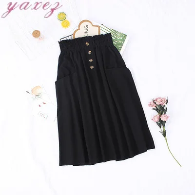 

2020 Summer High Waist Pleated Skirt Single-breasted Solid Pocket Loose Cotton Mid-length Skirt Clothes Plus Size Skirts Womens