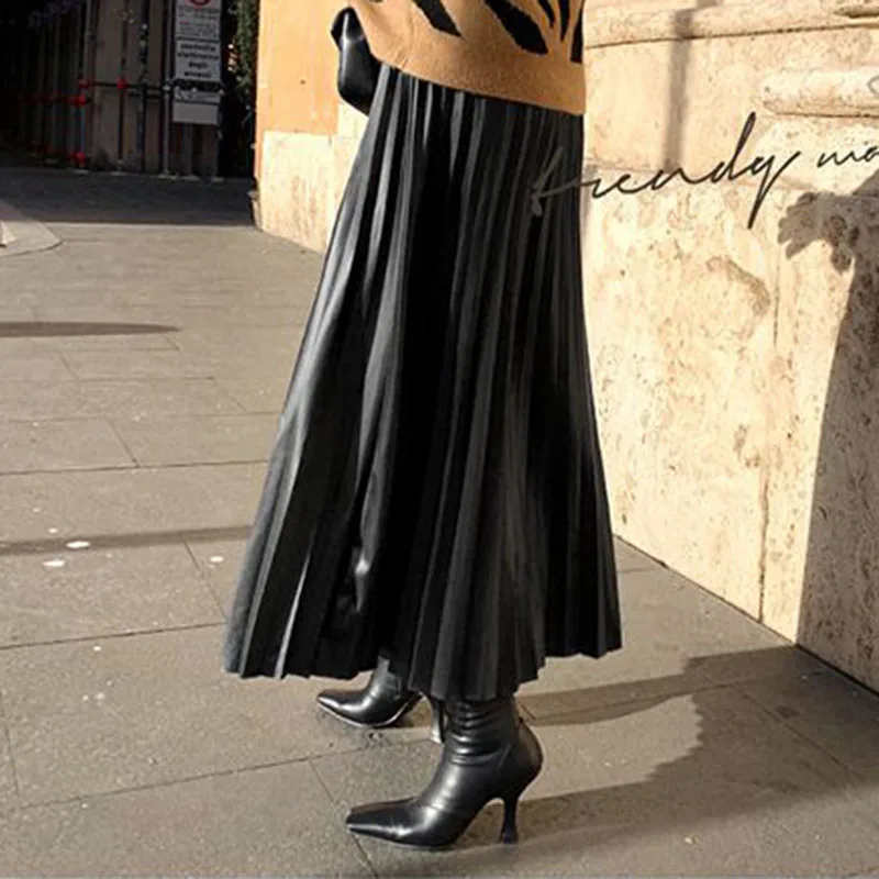Женская Черная однотонная плиссированная юбка средней длины из искусственной