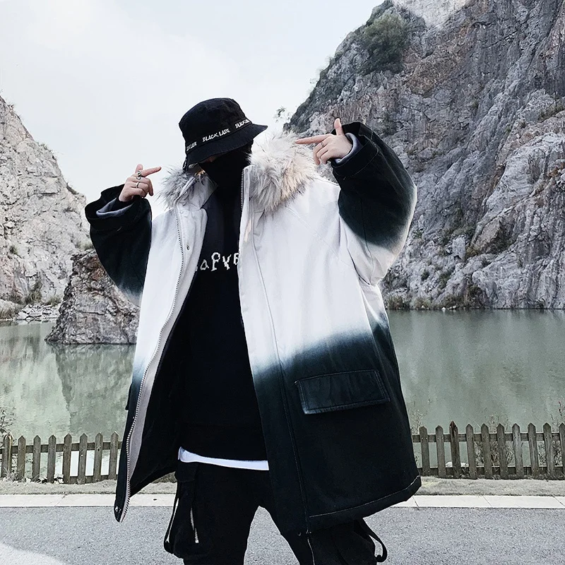 

Thick Winter Jacket Men Oversized Hooded Parka Fur Coat 2019 Man Harajuku Japanese Streetwear Tie Dye Jacket Plus Size KK3035