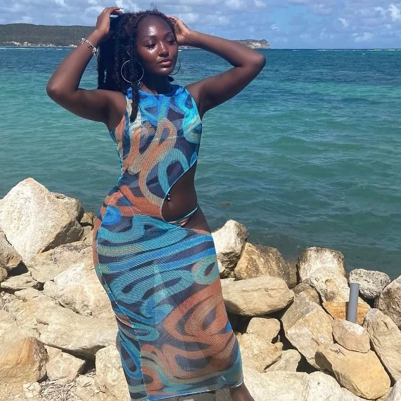 

Women Dress Summer Fashion Hollow Out Mesh See Through Print Bodycon Sexy Dress Sundress 2021 Female Beach Streetwear Vestidos