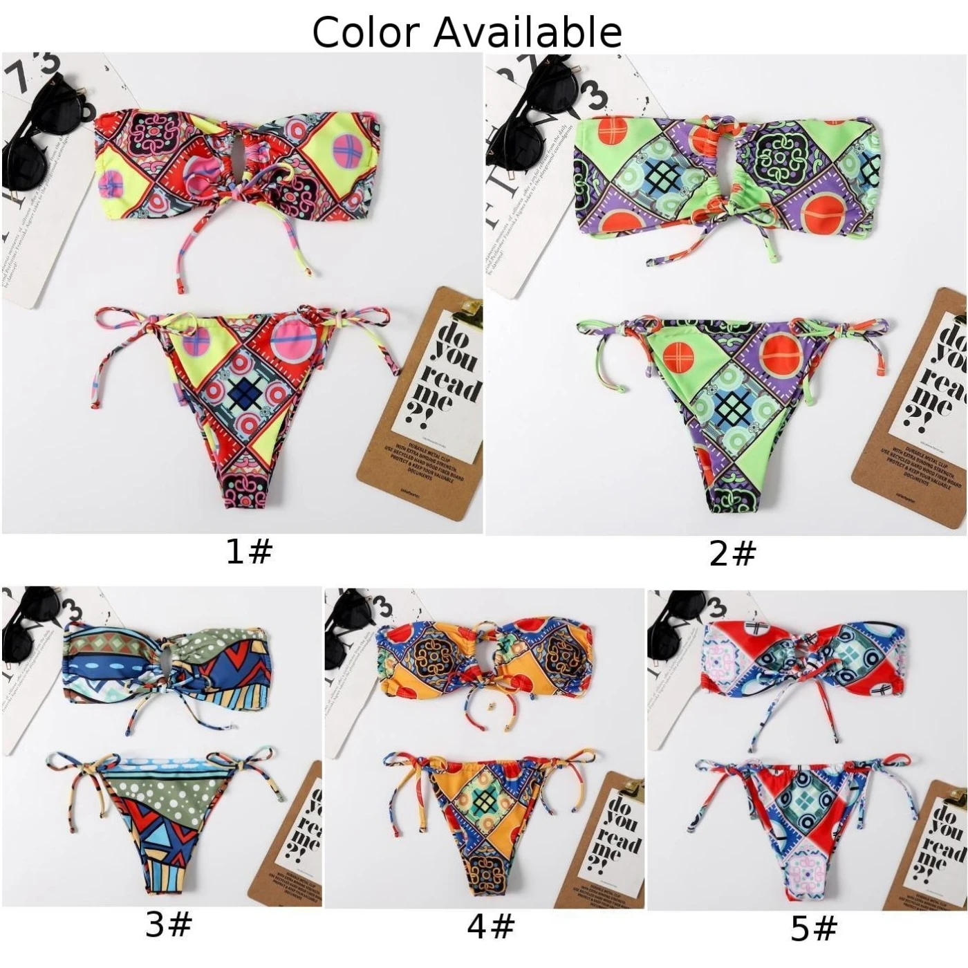 

Women Sexy Boho Style Geometric Print Bandeau Tie Side Swimsuit BIkini Beachwear Newest Sexy Bikinis Female Micro Folds Swimwear