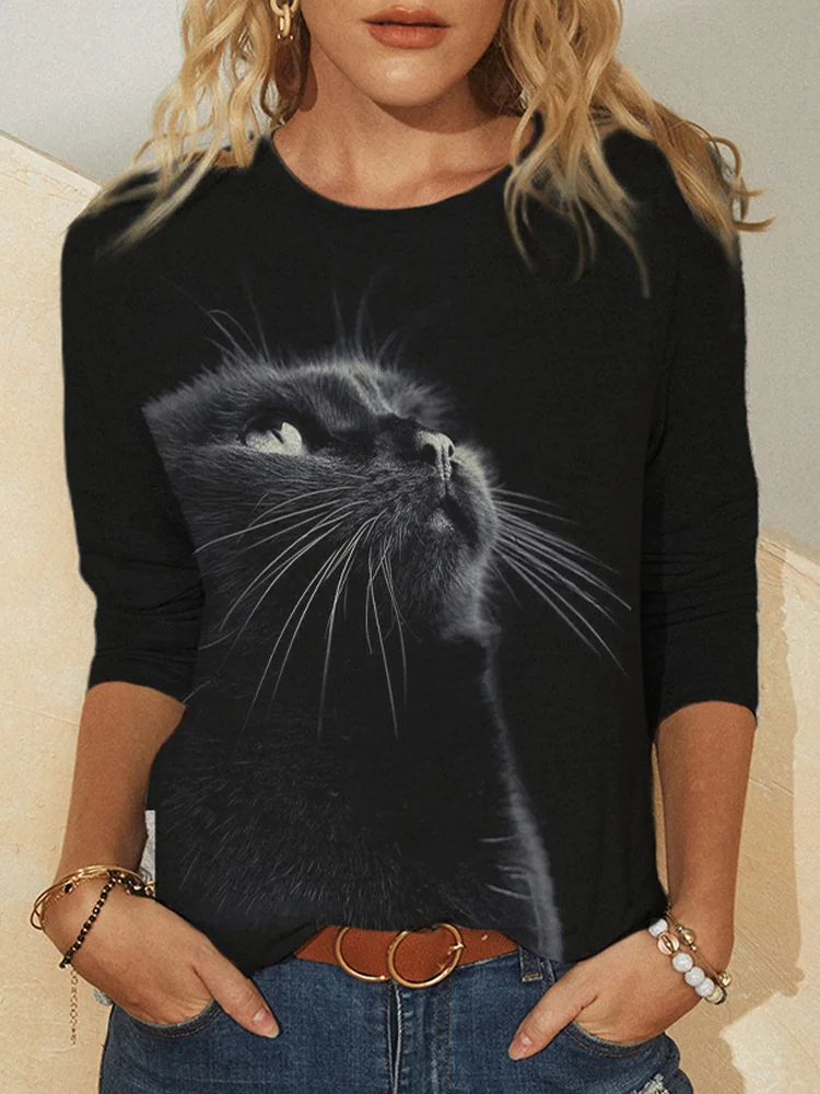 

2021 New Cat Print T-Shirt Top Fashion Casual Women Long Sleeve Round Neck T-Shirt Oversized Ladies Top Spring Women's Clothing