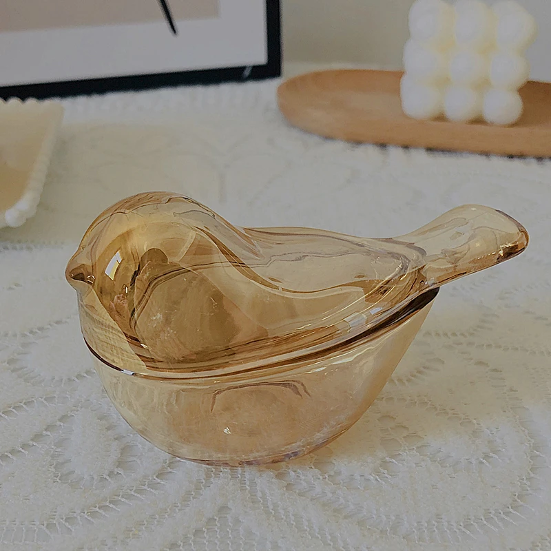 

Aqumotic Ins Retro Amber Bird Glass Storage Jar Jewelry Box Home Decoration Cute Candy Sauce Cup with Cover