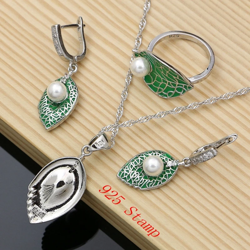 

Green Leaves Enamel Earrings 925 Sterling Silver Pearl Jewelry Sets Women Fine Jewelry Handmade Jewellry Dropshipping