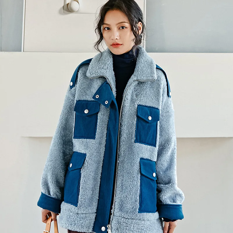

Winter Women High Quality faux lambswool Fur OverCoats Luxury short casual Thick Warm Plus Size female 2019 baby blue patchwork