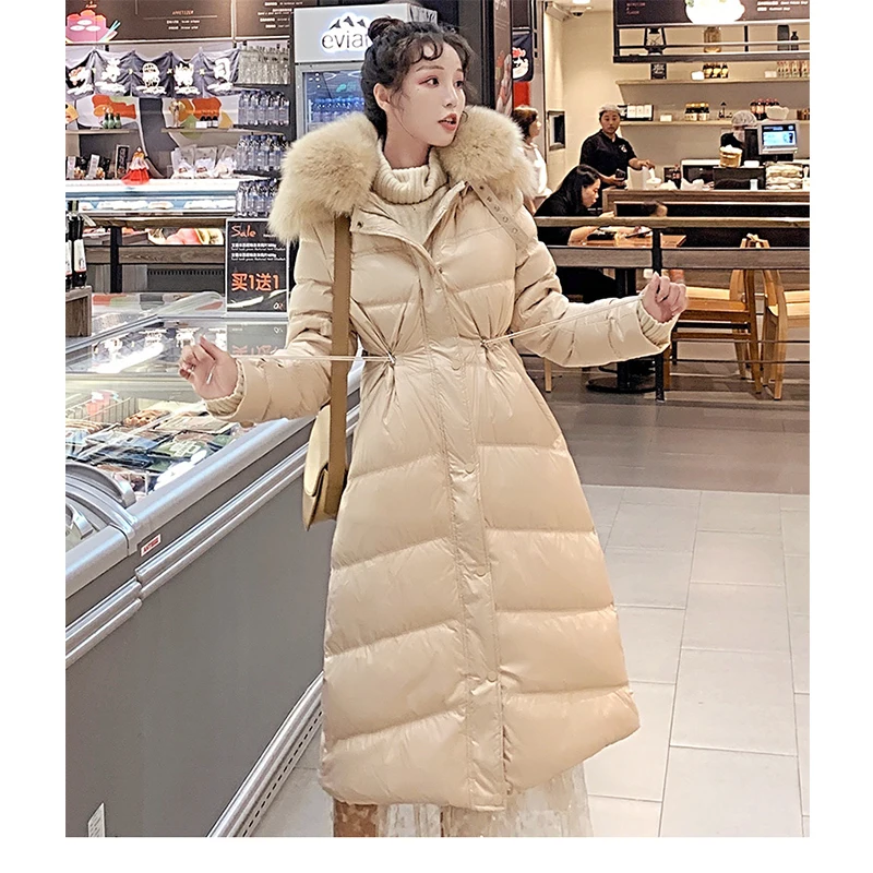 Большой настоящий натуральный мех 2018 зимний женский ультра легкий пуховик белый