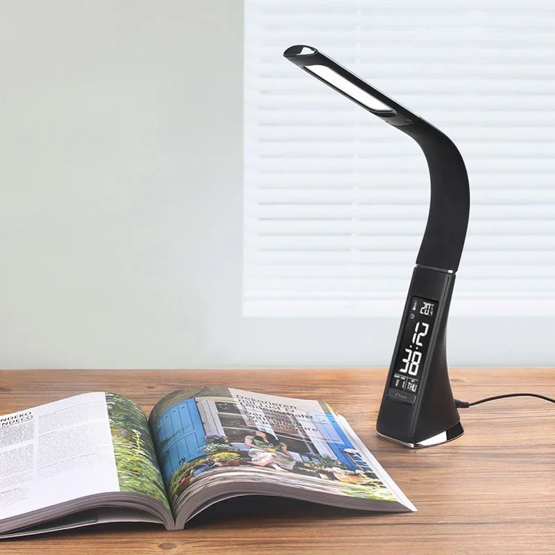 

3 Modes Bendable LED Desk Lamp With Calendar Temperature Eye Protect Study Business Light Leather Table Lamp