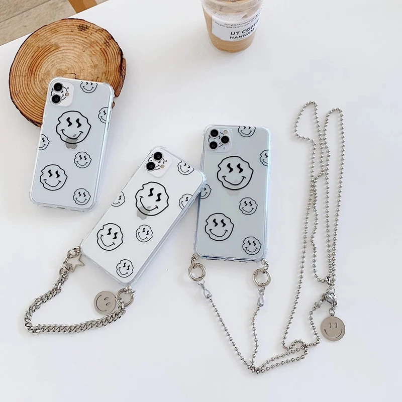 

INS funny cute Smiley Hanging chain silicon clear phone case for apple iphone X XS MAX 11 Pro 7 8 Plus fashion protection cover