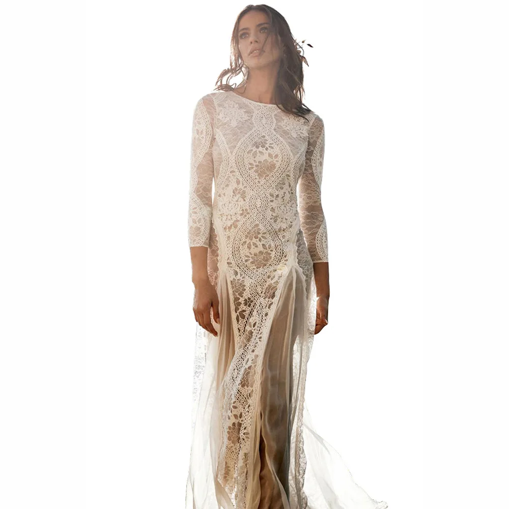 

European and American ladies' banquet wedding dress 2020 spring new round neck long sleeve printed open back lace dress