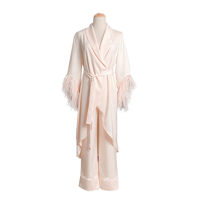 

Pink Women's Pajamas Feather Robe Tops 2 Piece Set Woman Stain Pajama home Clothes