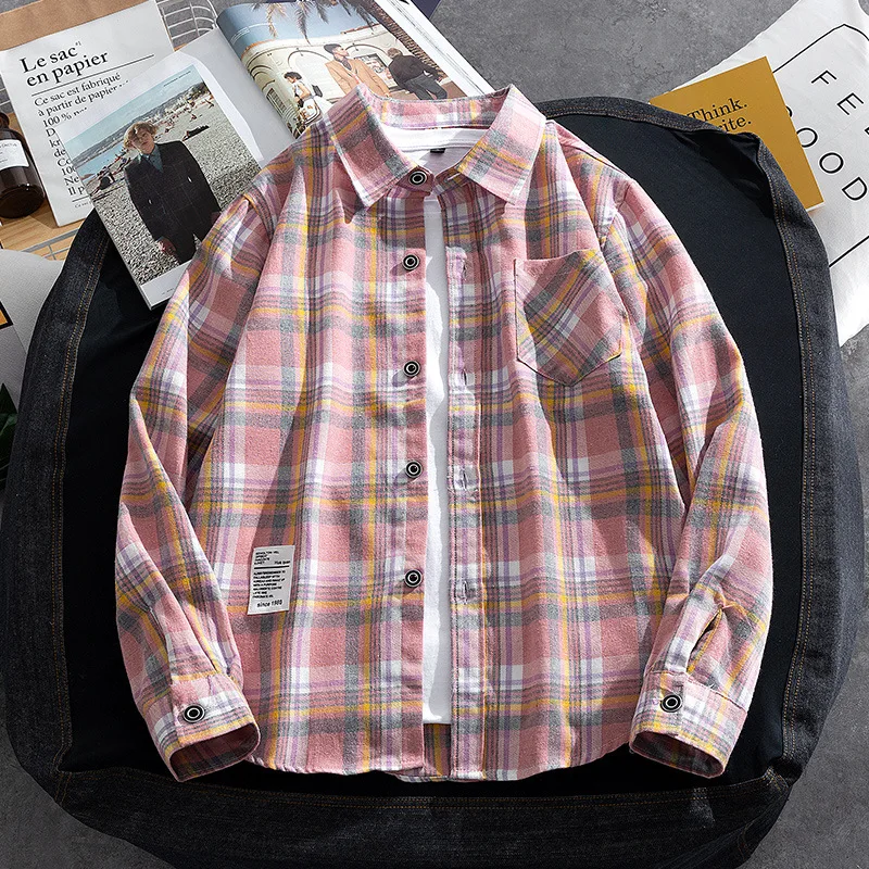 

2021 new spring and autumn men's Lapel Long Sleeve Plaid Shirt casual men's slim shirt men's versatile top