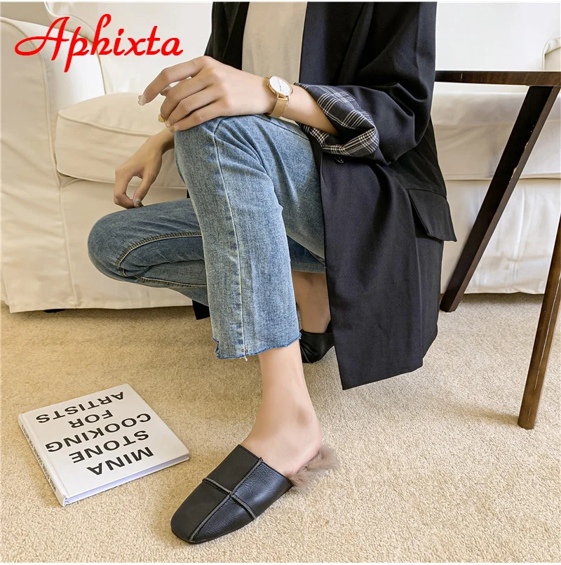 Aphixta/зимние теплые женские шлепанцы с натуральным кроличьим мехом; женские пушистые тапочки; женские шлепанцы на плоской подошве с квадратным носком