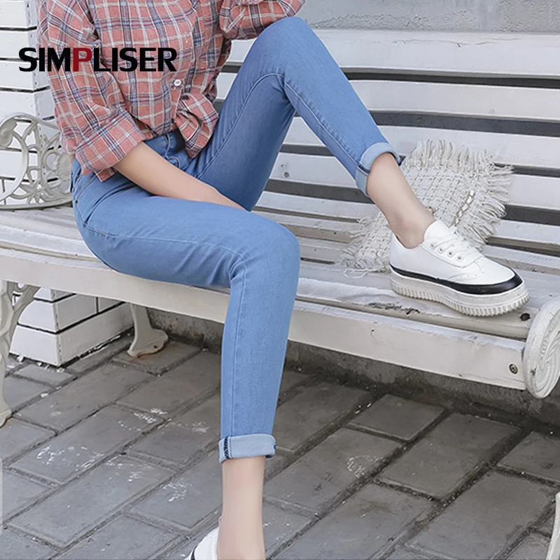 Укороченные джинсы брюки карандаш женские 2019 Длина по щиколотку джинсовые синие