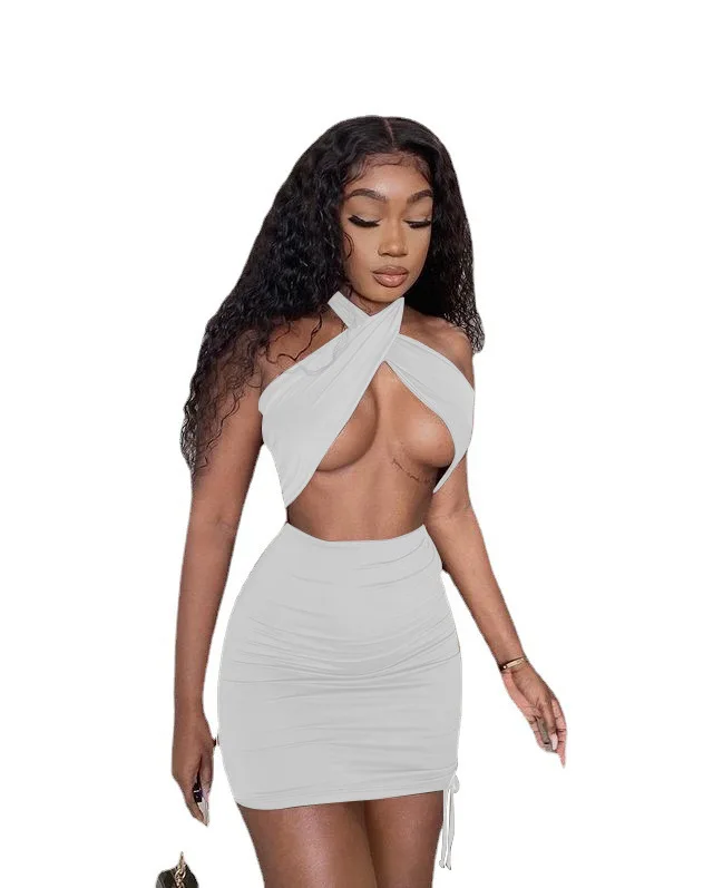 

Women Sexy Halter Backless Solid Pleated Bodycon Dress Summer 2021 New