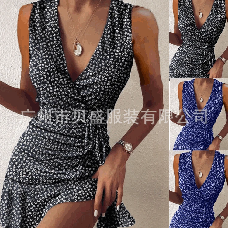 

2021 European and American small floral V-neck sleeveless sexy dress women