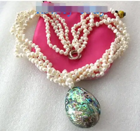 

4 ROW White Nugget Baroque Pearl Necklace Abalone Pendant 20"