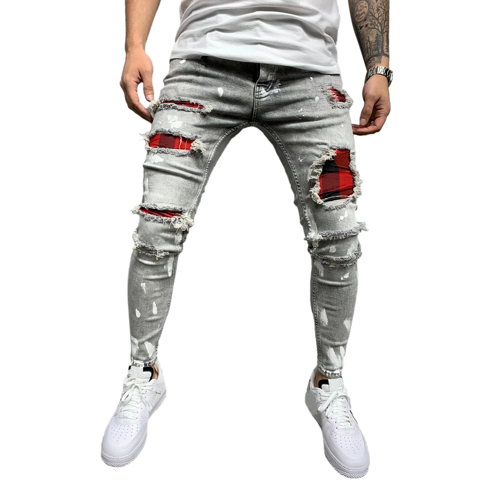 

Brand New Men Slim Ripped Vintage Patch Jeans Stretch Tapered Leg Long Skinny Pencil Denim Pants