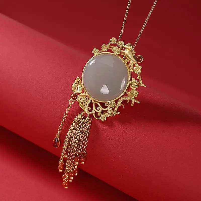 

Оригинальное новое старинное Золотое мастерство инкрустированное круглое ожерелье с нефритовой кисточкой, Модные Элегантные украшения