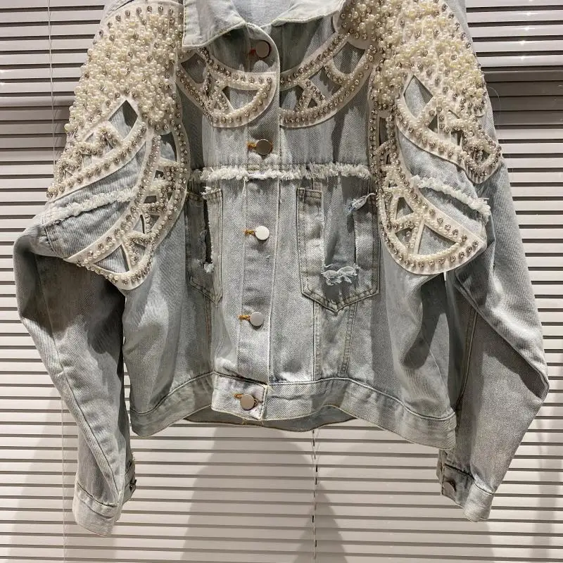 

Elegant Heavy Pearl Handmade Beaded Denim Jacket 2021 Spring/Autumn Long Sleeve Loose Jacket Fashion Worn Streetwear Coat