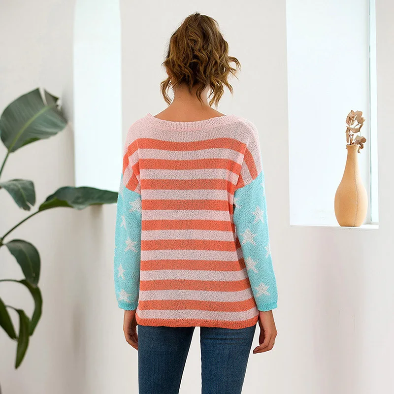 New Arrival Womens Long Sleeved Stars Stripes Sweater Color Matching Casual Pullover | Женская одежда