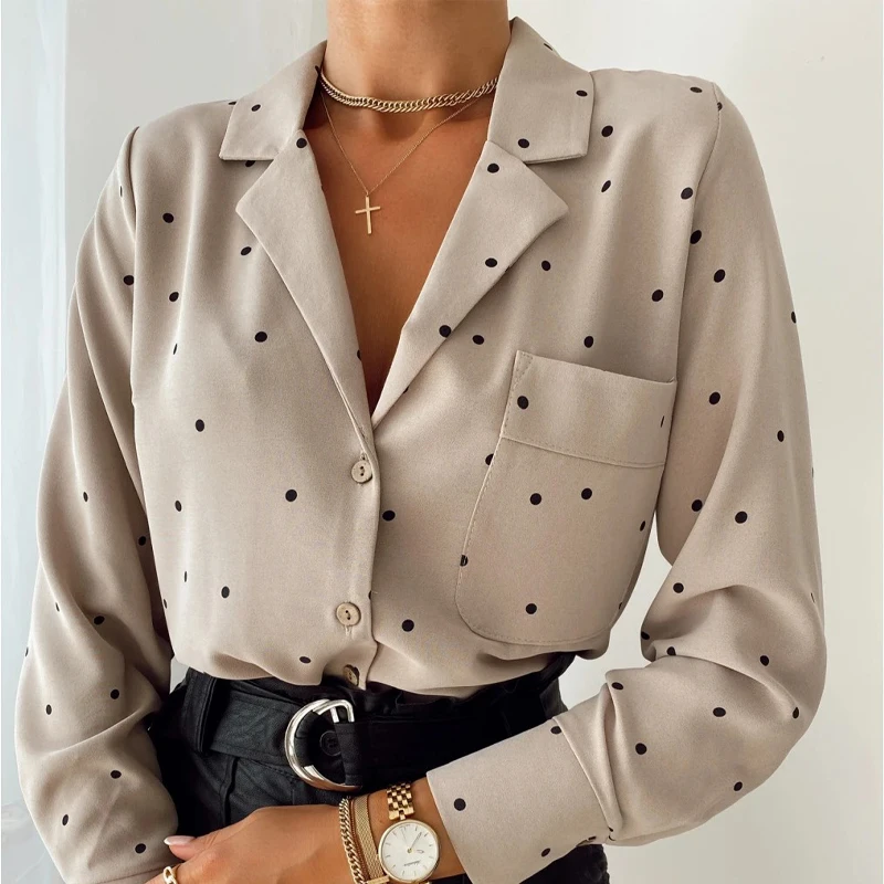 

Pockets Polka Dot Printed Casual Women Blouse Ladies Long Sleeve Turn Down Collar Office Work Fashion 2021 Autumn Tops