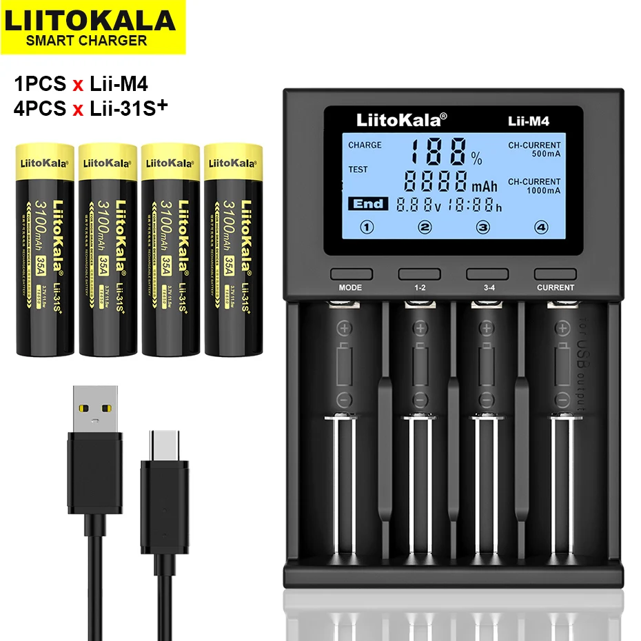 

4 шт., новинка, аккумулятор LiitoKala Lii-31S 18650, 3,7 в, литий-ионный аккумулятор 3100mA 35A для высокой яркости. + зарядное устройство Lii-M4