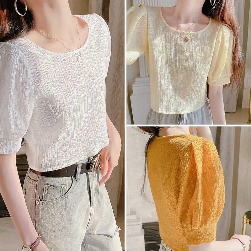

Loose Chiffon Shirt Short-sleeved Women's Summer Suspender Skirt with Small Shirt Sweet Bubble Sleeves High Waist